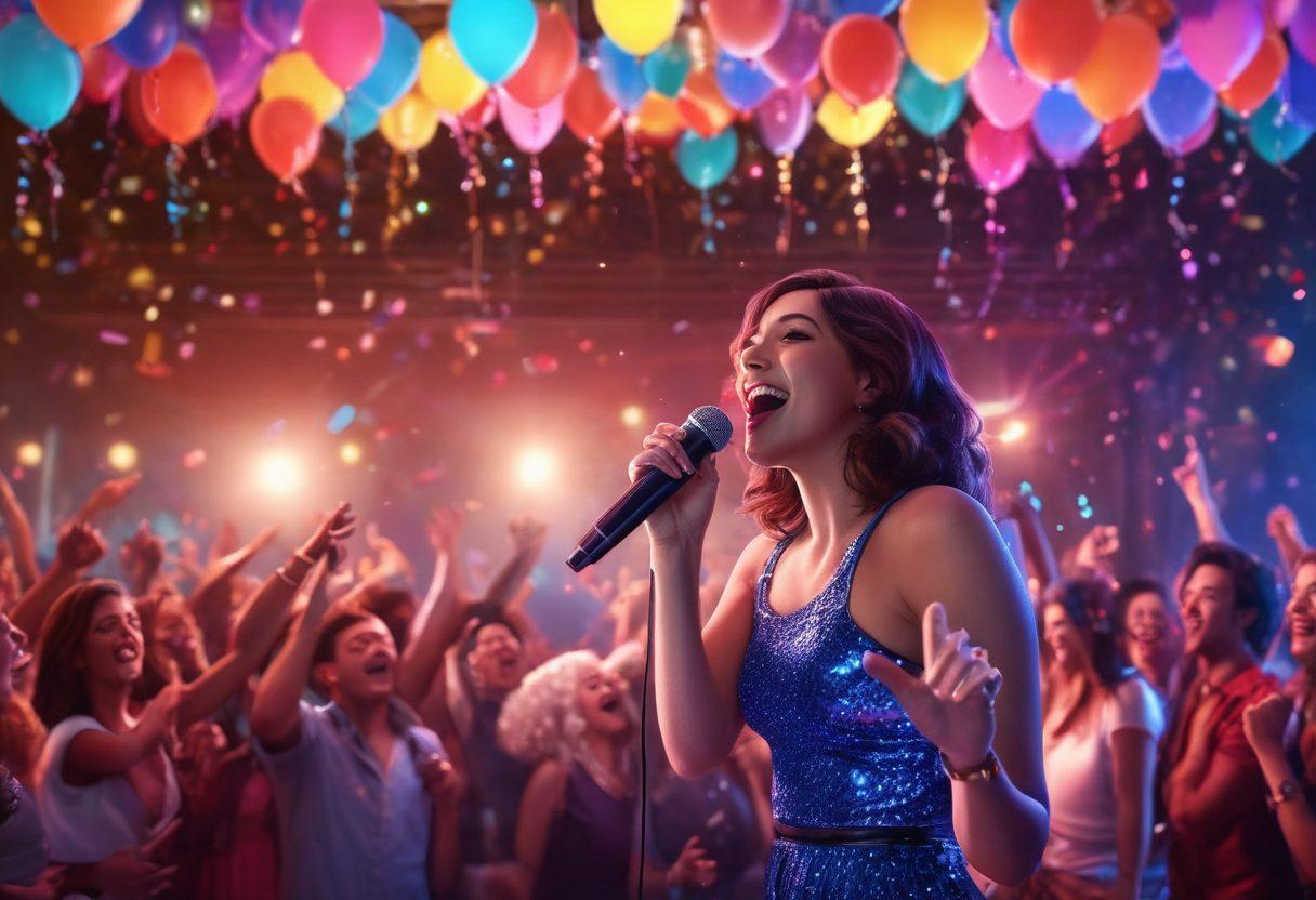 A lively karaoke scene with diverse groups of people sharing joyous moments while singing on stage, colorful spotlights casting vibrant hues. Include balloons and confetti to enhance the festive atmosphere, with musical notes swirling around. Show a neon sign saying 'Karaoke Night' in the background. super-realistic. vibrant colors. 3D.