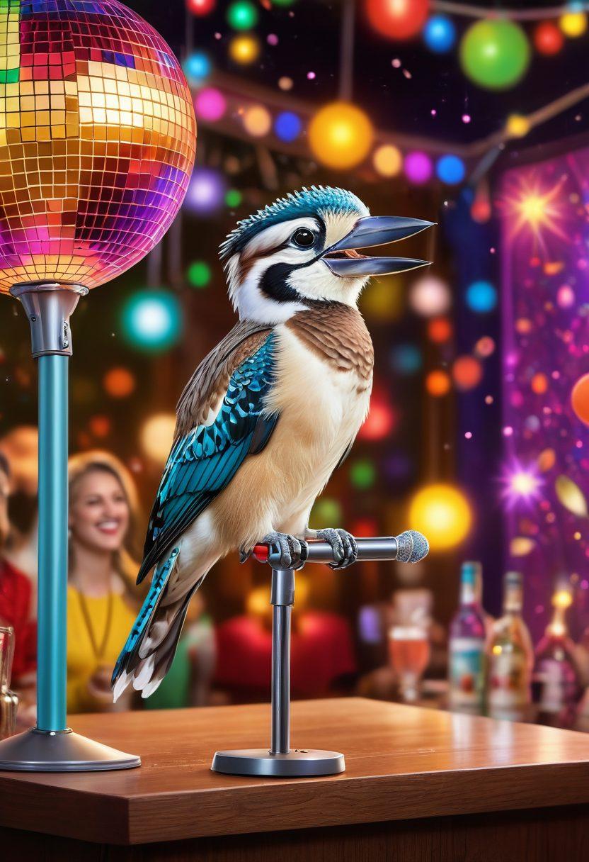 A lively karaoke scene with friends gathered around a microphone, illuminated by colorful lights and a vibrant disco ball. A kookaburra perched on a microphone stand, adding a fun and whimsical touch. Banners and decorations reflecting the theme of a karaoke night, with drinks on tables and a cheering crowd. Emphasize joy and excitement in the atmosphere. super-realistic. vibrant colors. party setting.