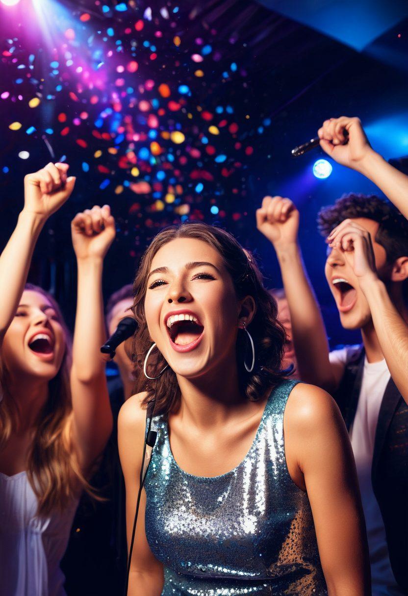 A lively karaoke scene with a diverse group of friends singing joyfully on a small stage, bright colorful lights illuminating the background, sparkling confetti falling from above, and smiles all around. Showcase a microphone in the foreground, capturing the excitement and energy of the night. super-realistic. vibrant colors. dynamic atmosphere.